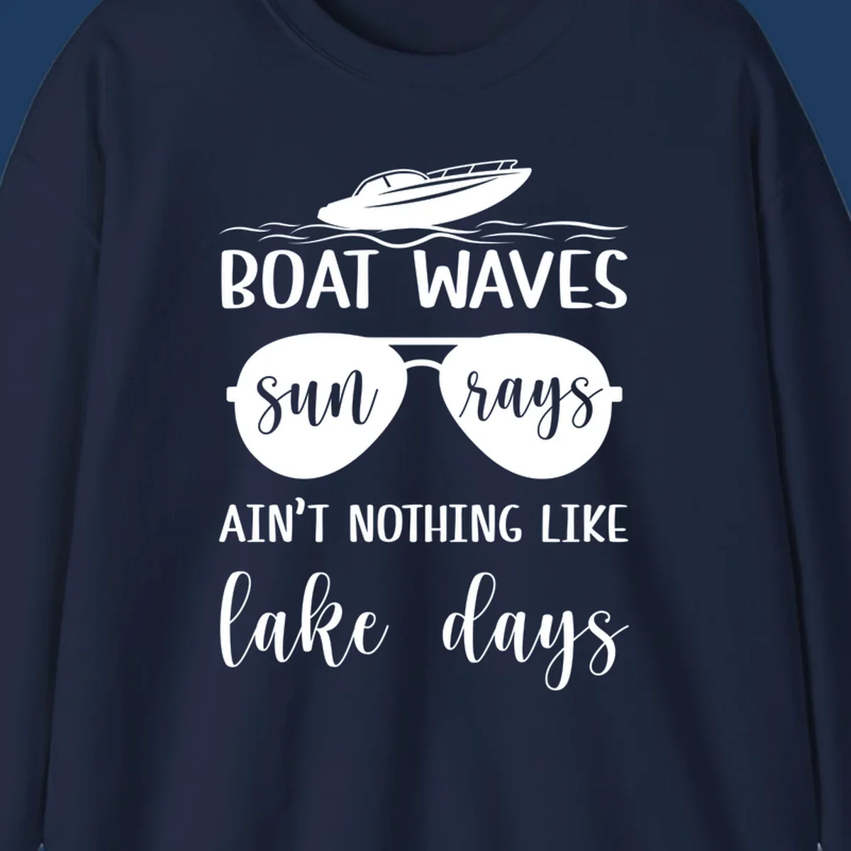 White boat waves lake days design with speedboat, sunglasses, and nautical wave graphics on gray background