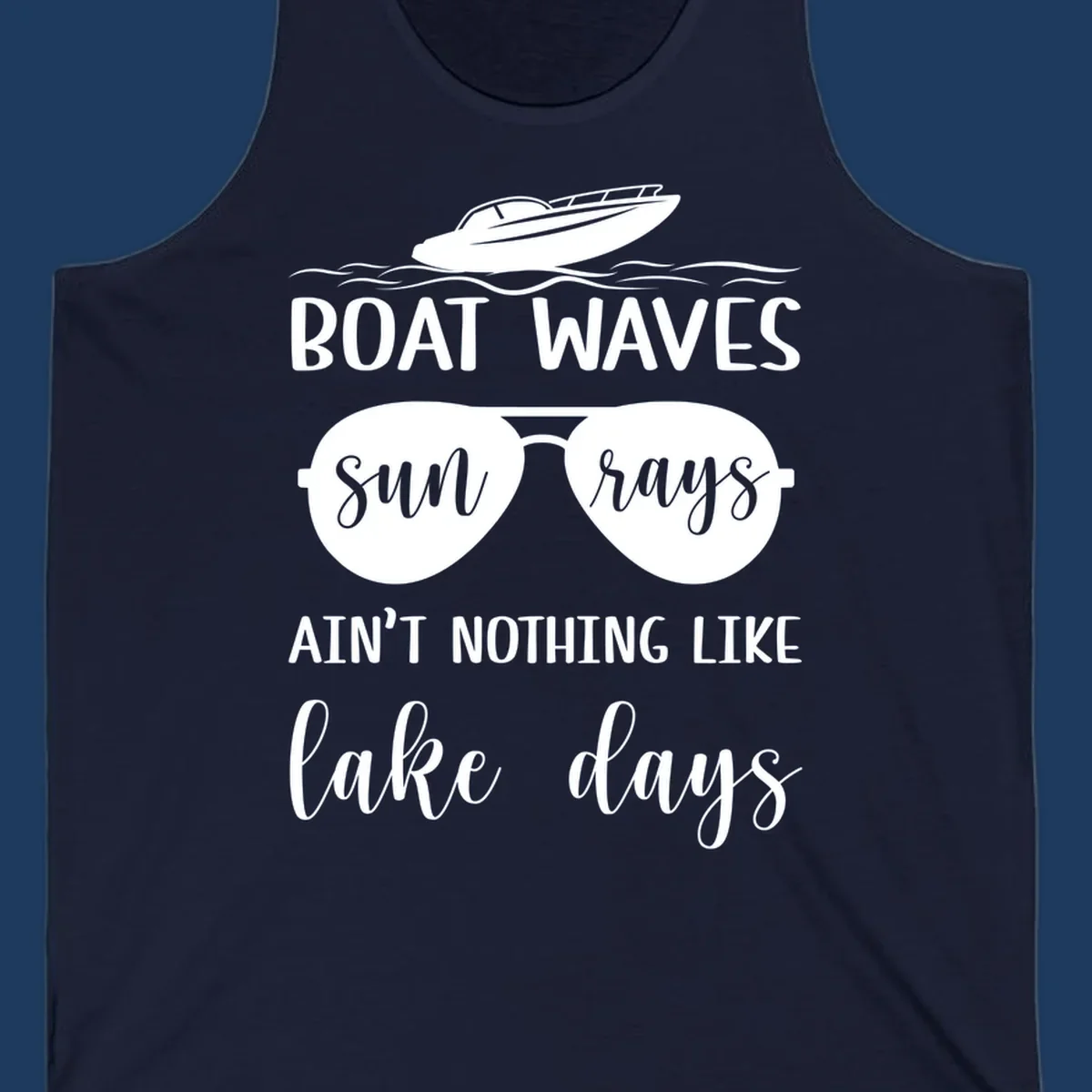 White boat waves lake days design with speedboat, sunglasses, and nautical wave graphics on gray background