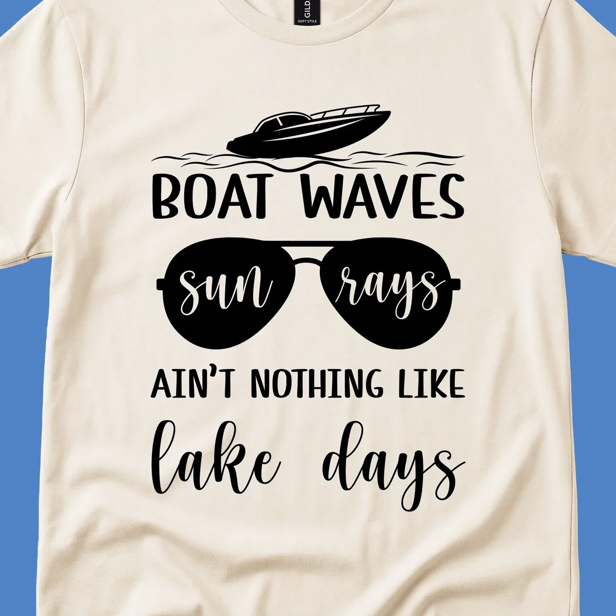 White boat waves lake days design with speedboat, sunglasses, and nautical wave graphics on gray background