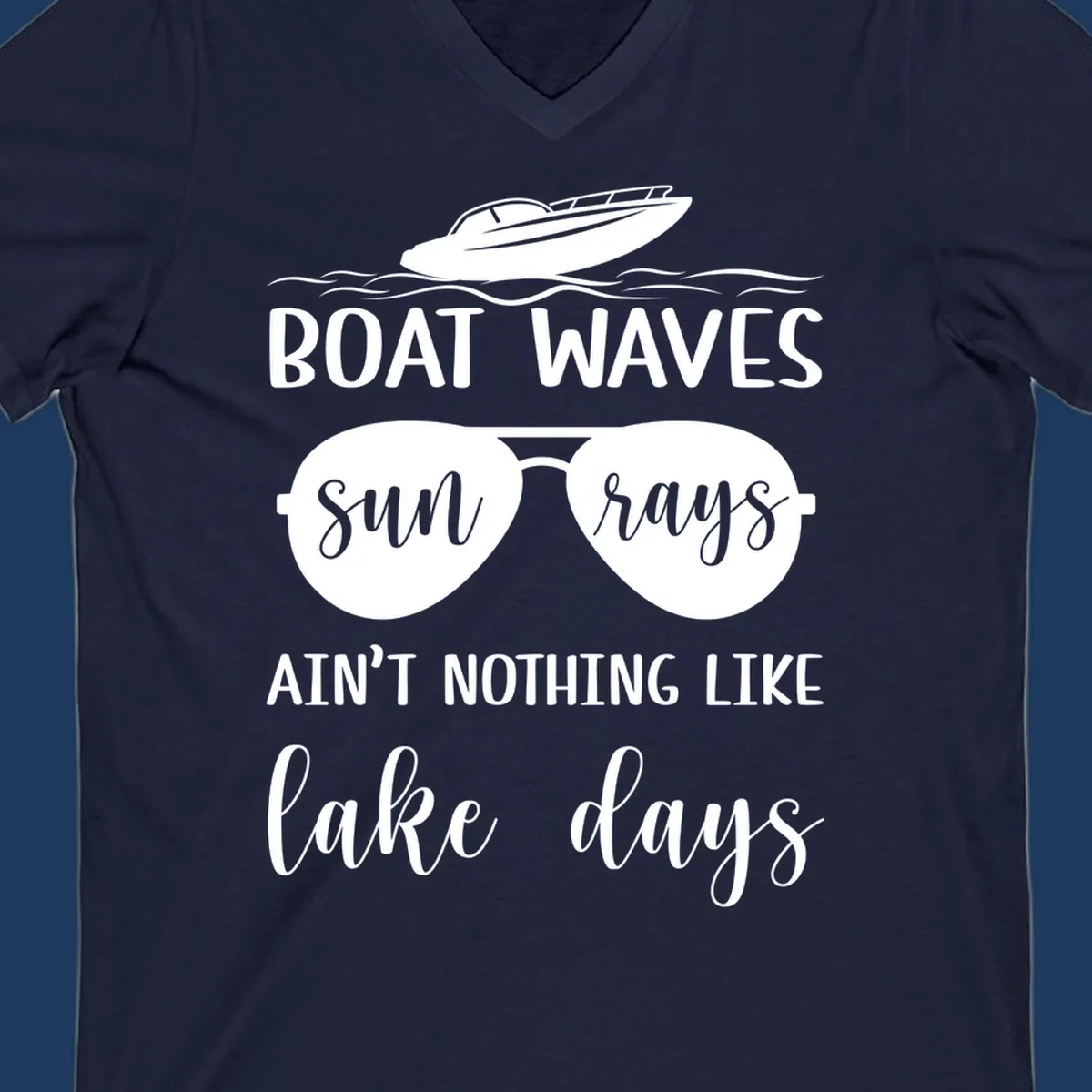 White boat waves lake days design with speedboat, sunglasses, and nautical wave graphics on gray background