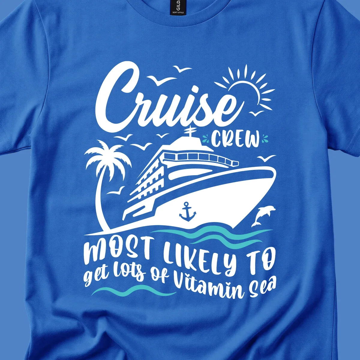 Cruise ship with palm tree, sun, seagulls and waves; text reads 'Cruise CREW most likely to get lots of vitamin sea'
