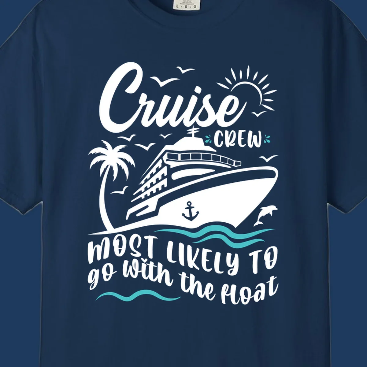 Cruise ship with palm tree, sun, seagulls, and waves. Text reads 'Cruise Crew most likely to go with the boat' in white lettering on gray background.