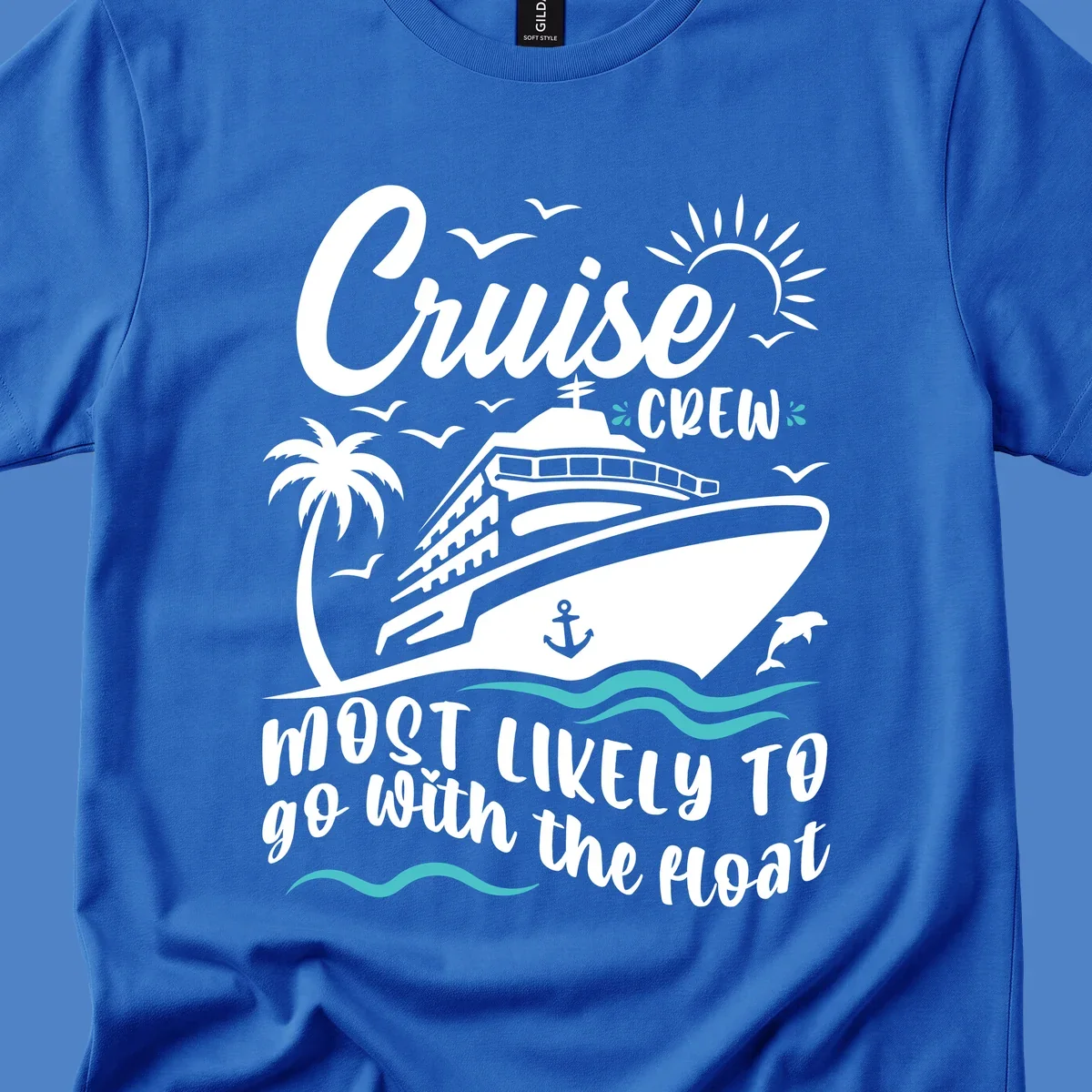 Cruise ship with palm tree, sun, seagulls, and waves. Text reads 'Cruise Crew most likely to go with the boat' in white lettering on gray background.