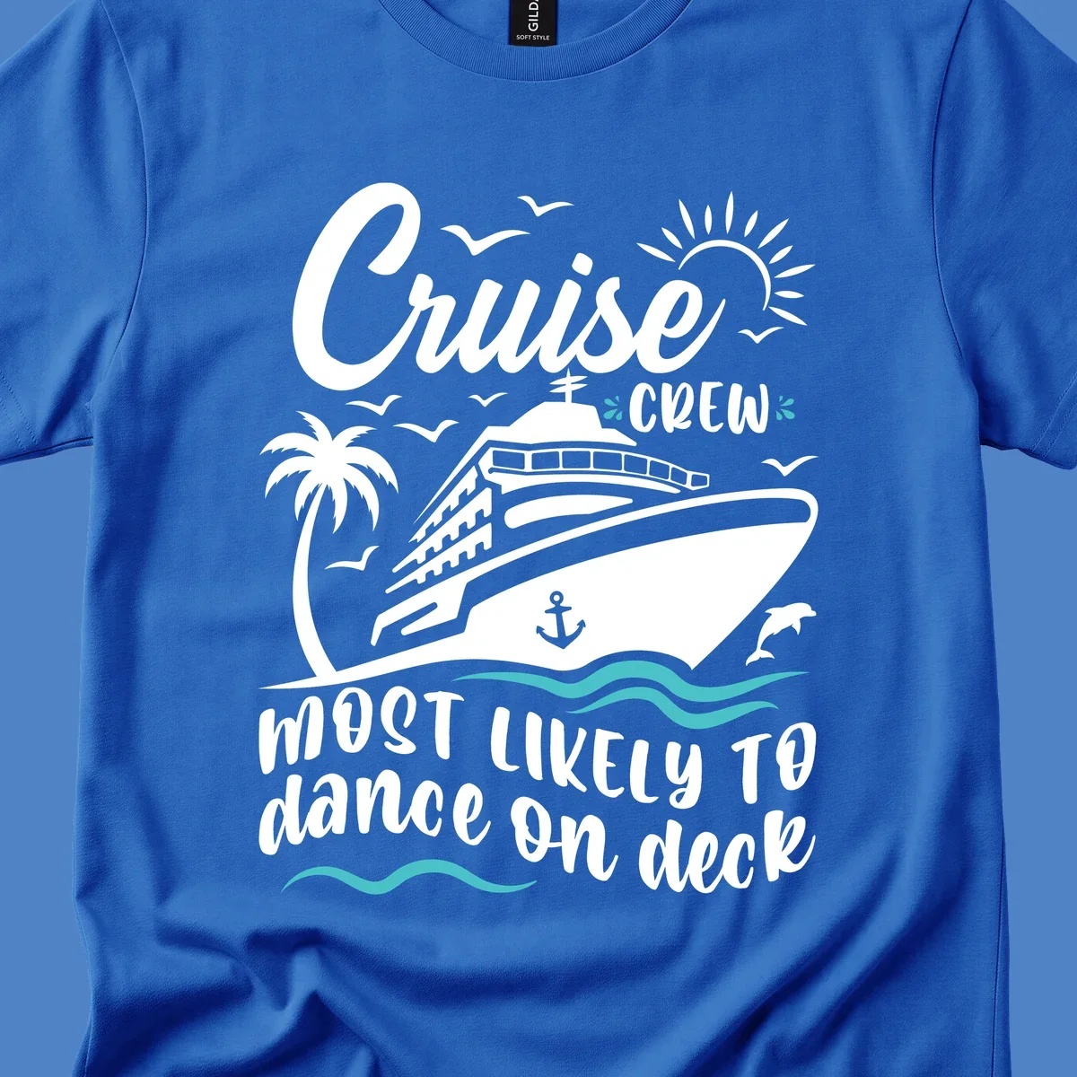 Cruise ship illustration with palm trees, sun, and seagulls. Text reads 'Cruise Crew most likely to dance on deck' in white and teal on gray background.