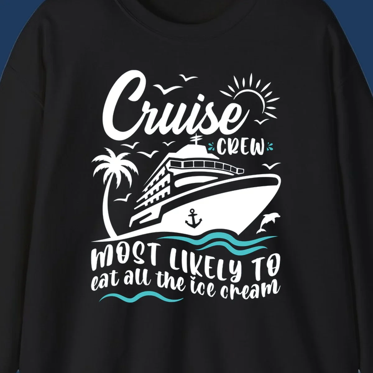 Cruise crew ice cream design with ship, palm tree, sun, seagulls, dolphins, and wavy ocean borders on gray background