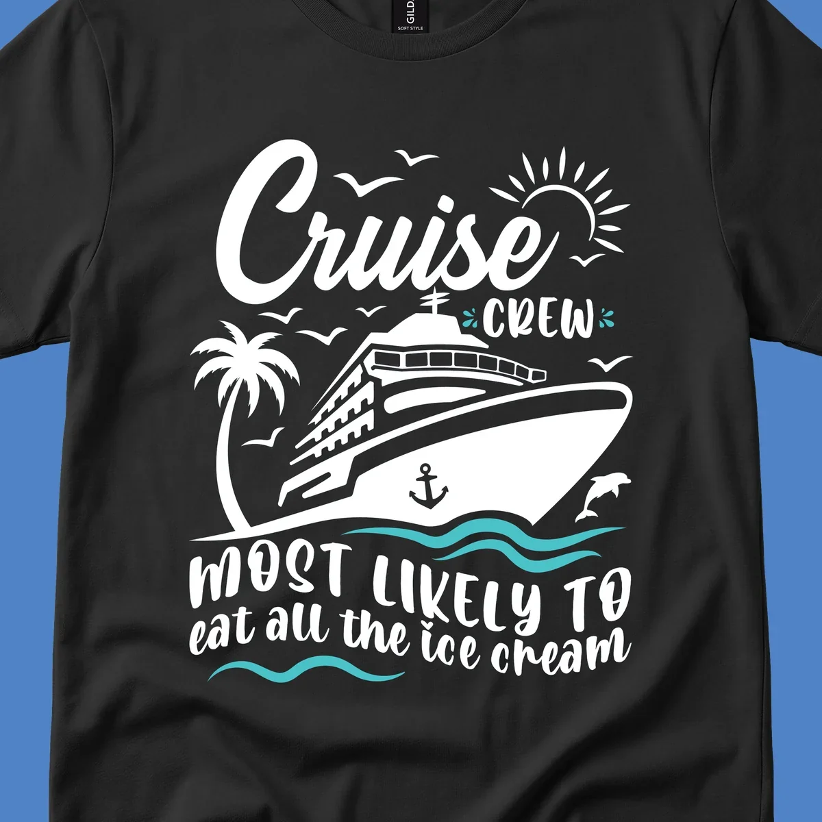 Cruise crew ice cream design with ship, palm tree, sun, seagulls, dolphins, and wavy ocean borders on gray background