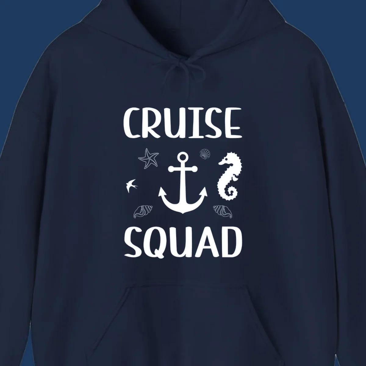 Cruise squad anchor design with starfish, seahorse, seashells and ocean elements on gray background