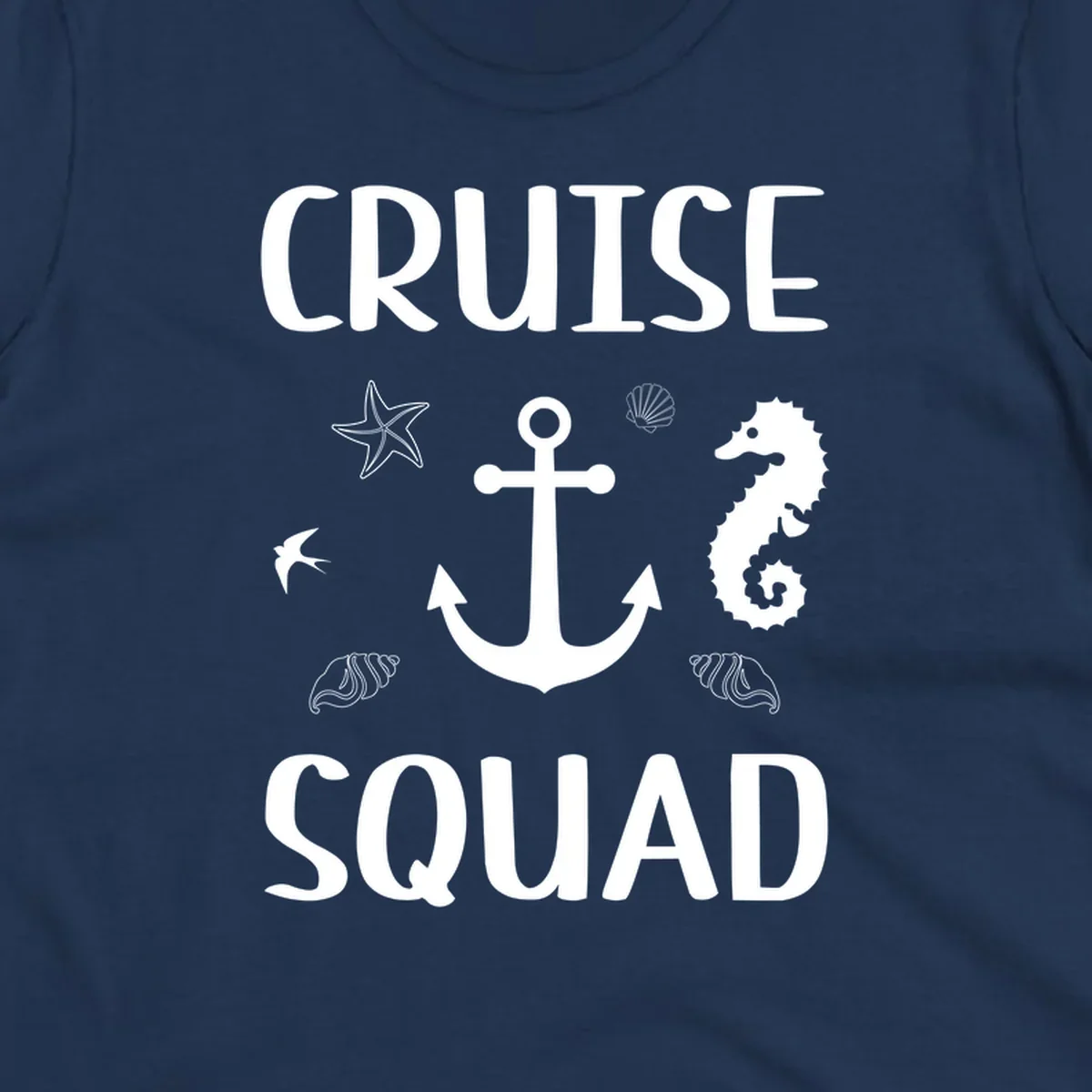 Cruise squad anchor design with starfish, seahorse, seashells and ocean elements on gray background
