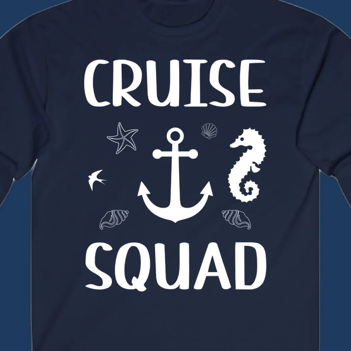 Cruise squad anchor design with starfish, seahorse, seashells and ocean elements on gray background