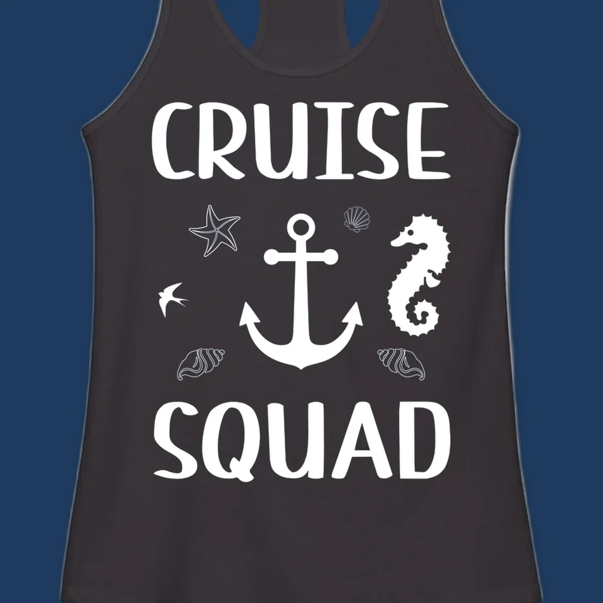 Cruise squad anchor design with starfish, seahorse, seashells and ocean elements on gray background