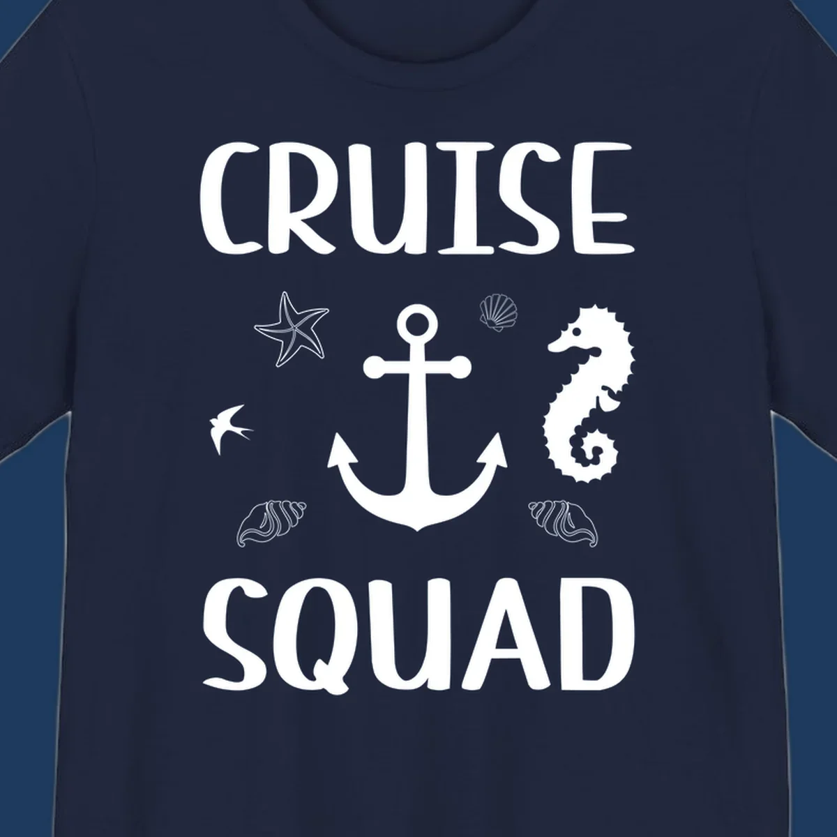 Cruise squad anchor design with starfish, seahorse, seashells and ocean elements on gray background