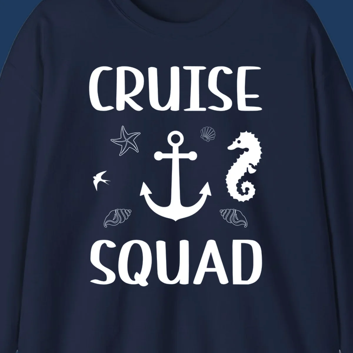 Cruise squad anchor design with starfish, seahorse, seashells and ocean elements on gray background