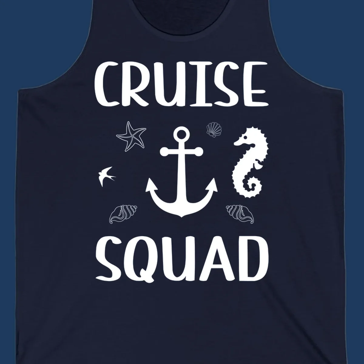 Cruise squad anchor design with starfish, seahorse, seashells and ocean elements on gray background