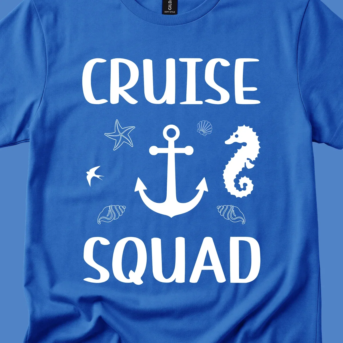 Cruise squad anchor design with starfish, seahorse, seashells and ocean elements on gray background