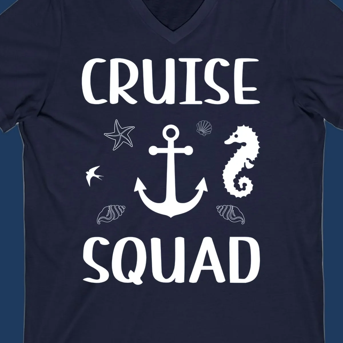 Cruise squad anchor design with starfish, seahorse, seashells and ocean elements on gray background