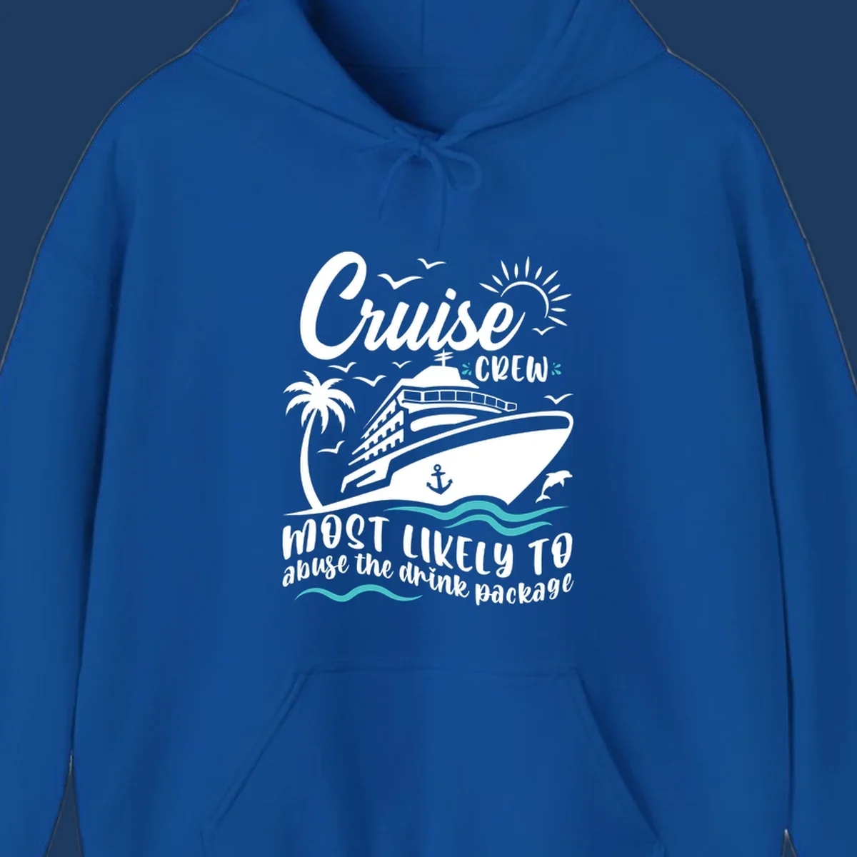 Cruise crew most likely to abuse the drink package design with ship, palm tree, waves, and sun