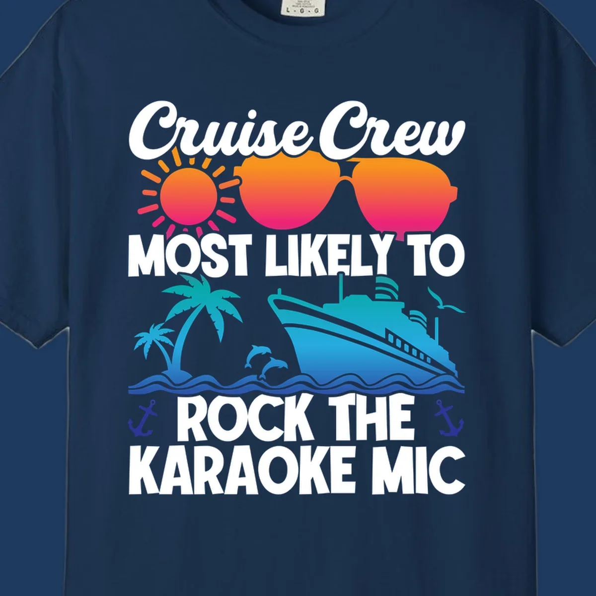 Cruise crew karaoke graphic with sunglasses, sun, ship, and palm tree on gray background with colorful gradient text