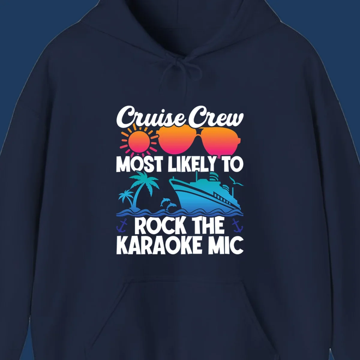 Cruise crew karaoke graphic with sunglasses, sun, ship, and palm tree on gray background with colorful gradient text
