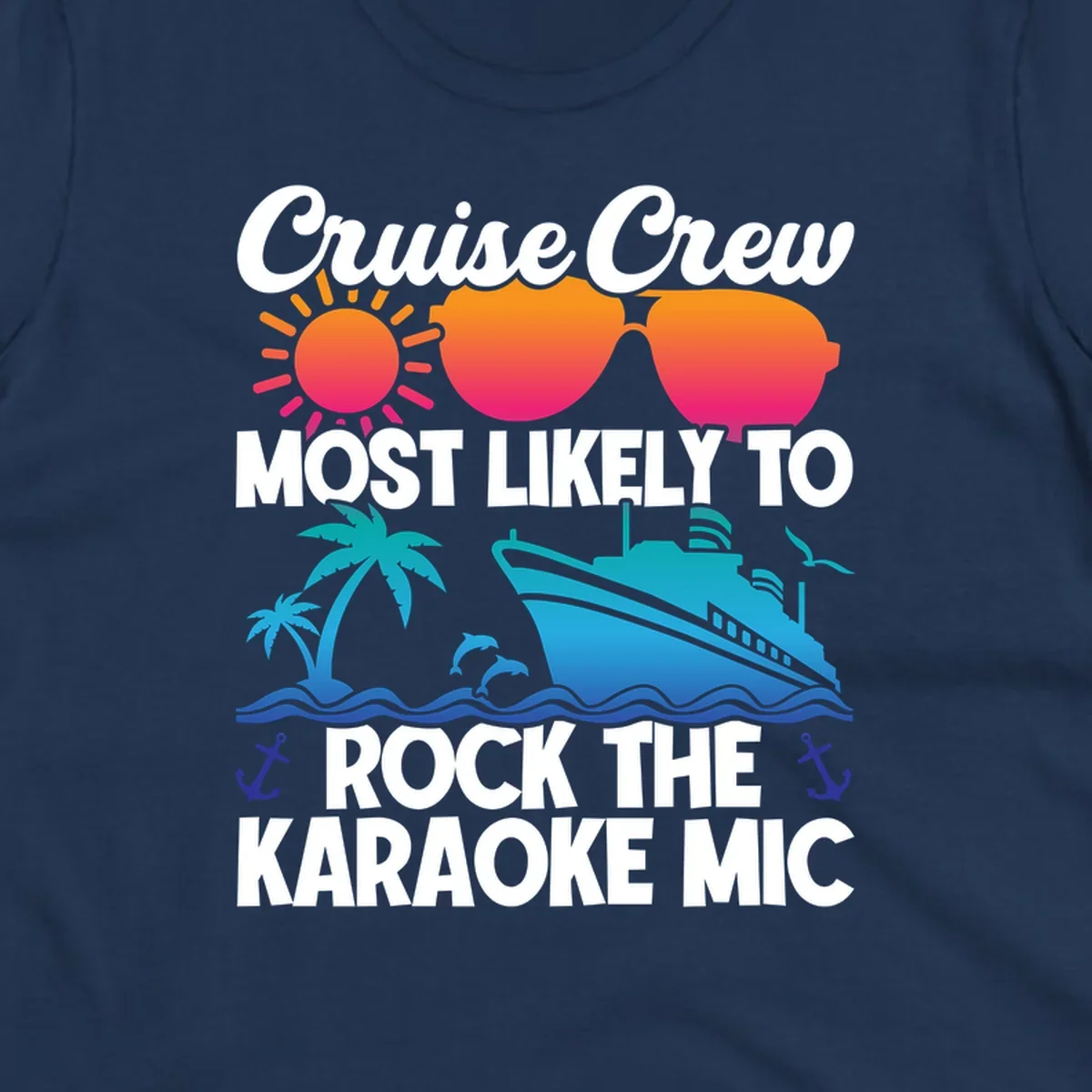 Cruise crew karaoke graphic with sunglasses, sun, ship, and palm tree on gray background with colorful gradient text