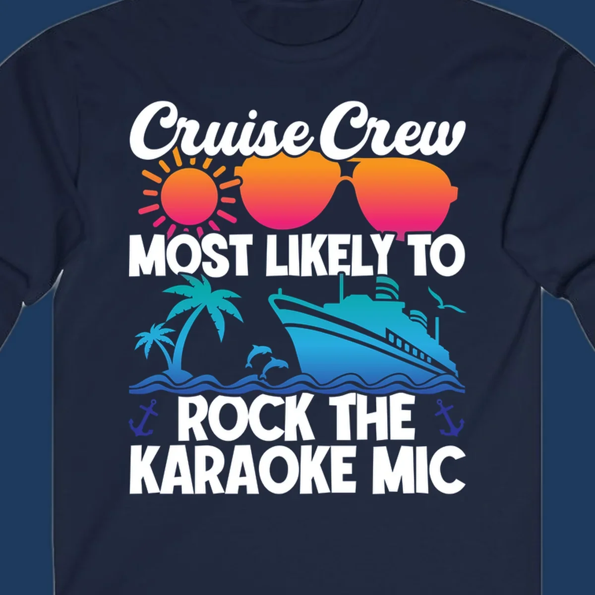Cruise crew karaoke graphic with sunglasses, sun, ship, and palm tree on gray background with colorful gradient text