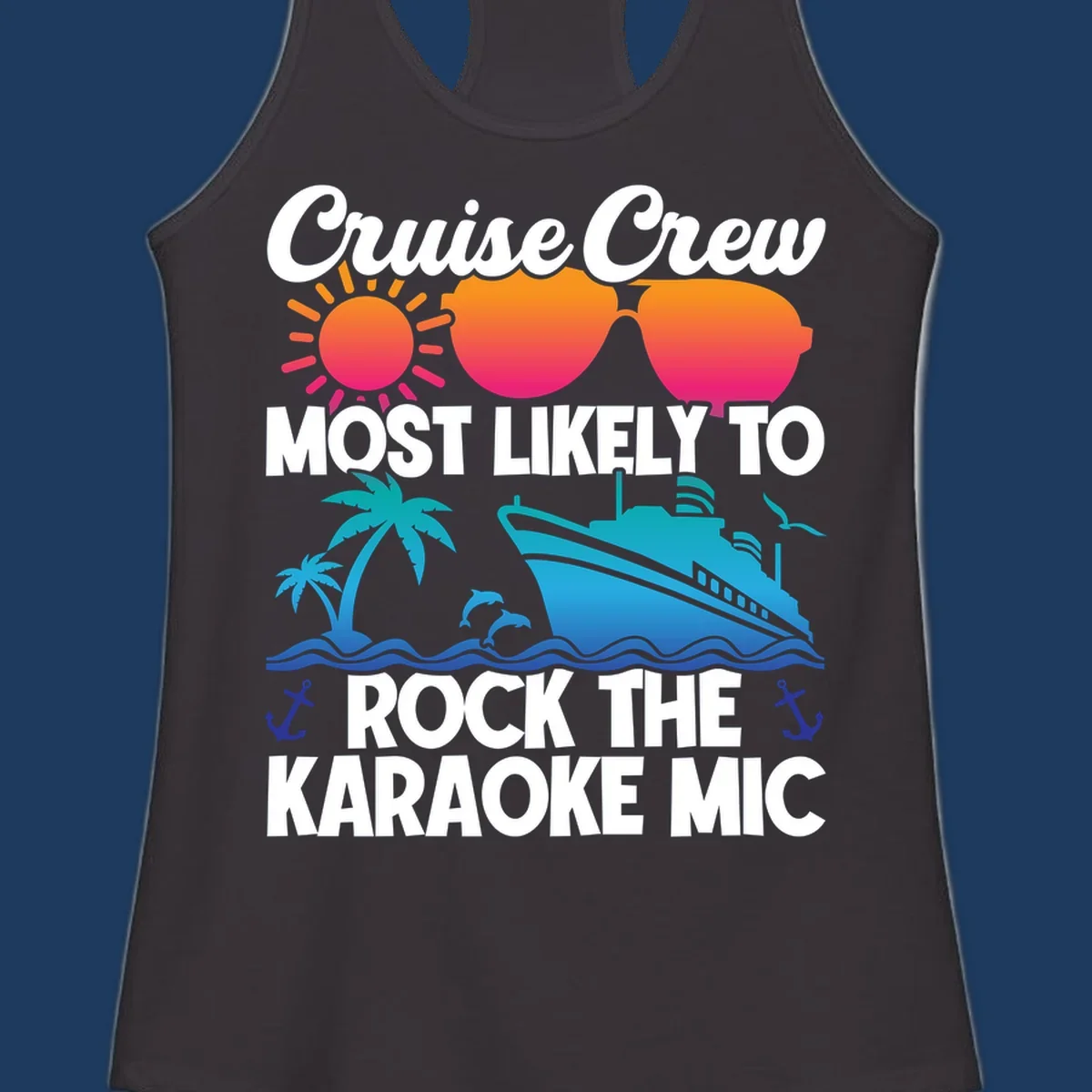 Cruise crew karaoke graphic with sunglasses, sun, ship, and palm tree on gray background with colorful gradient text