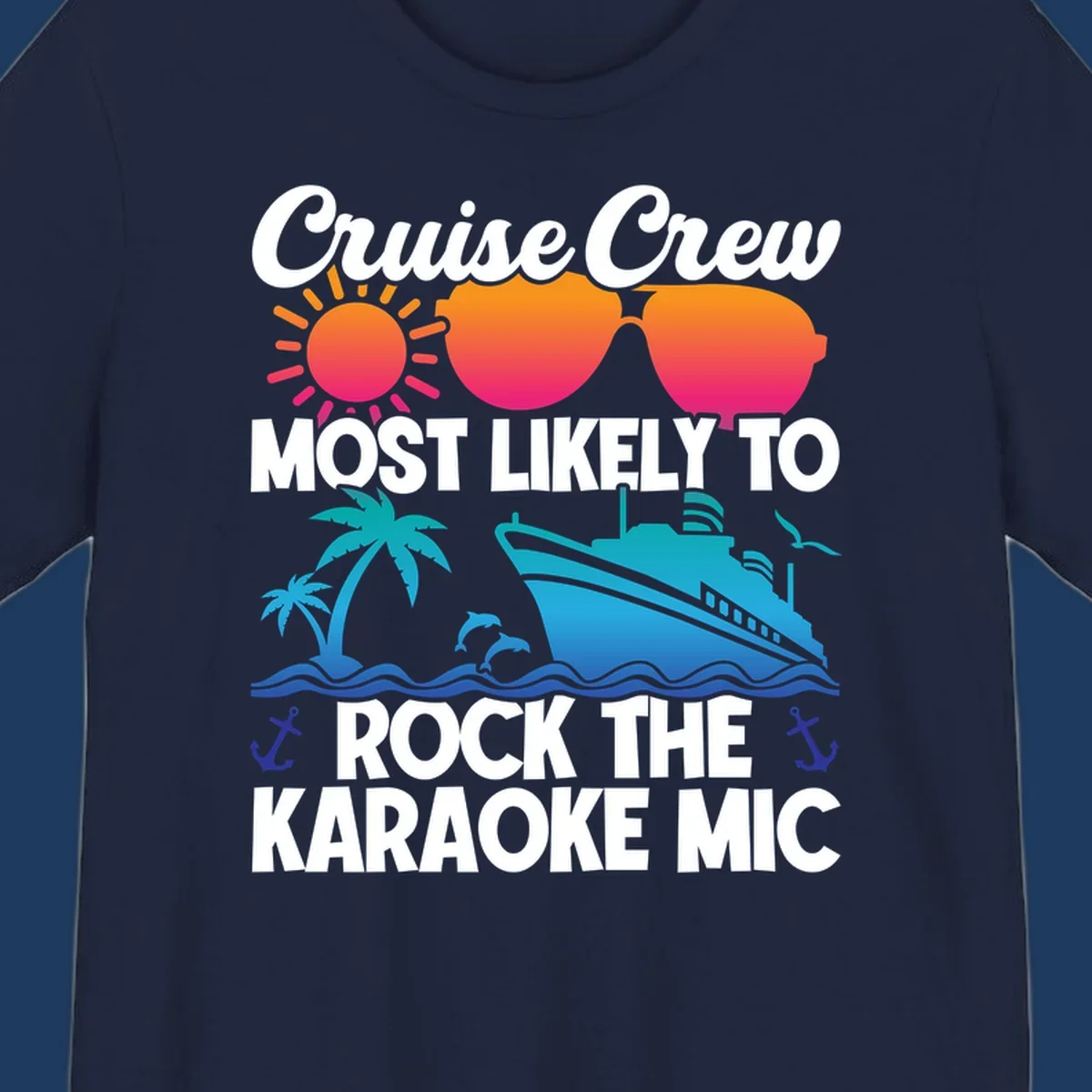 Cruise crew karaoke graphic with sunglasses, sun, ship, and palm tree on gray background with colorful gradient text
