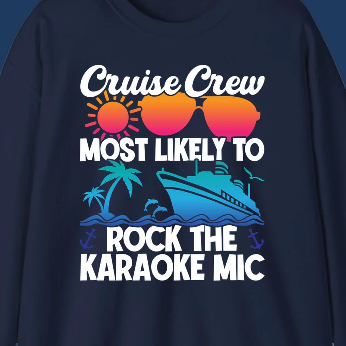 Cruise crew karaoke graphic with sunglasses, sun, ship, and palm tree on gray background with colorful gradient text