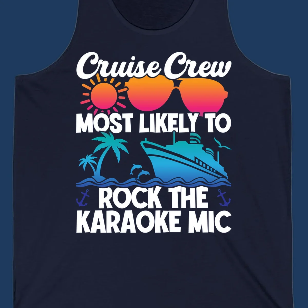 Cruise crew karaoke graphic with sunglasses, sun, ship, and palm tree on gray background with colorful gradient text