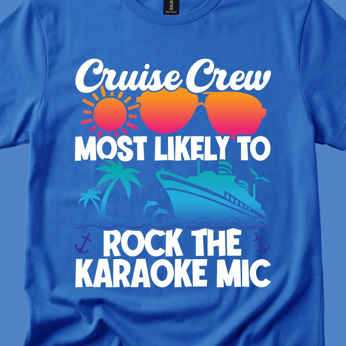 Cruise crew karaoke graphic with sunglasses, sun, ship, and palm tree on gray background with colorful gradient text