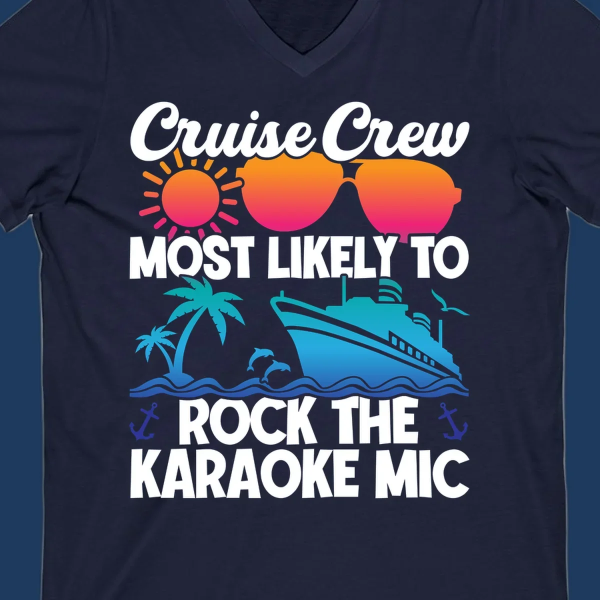 Cruise crew karaoke graphic with sunglasses, sun, ship, and palm tree on gray background with colorful gradient text