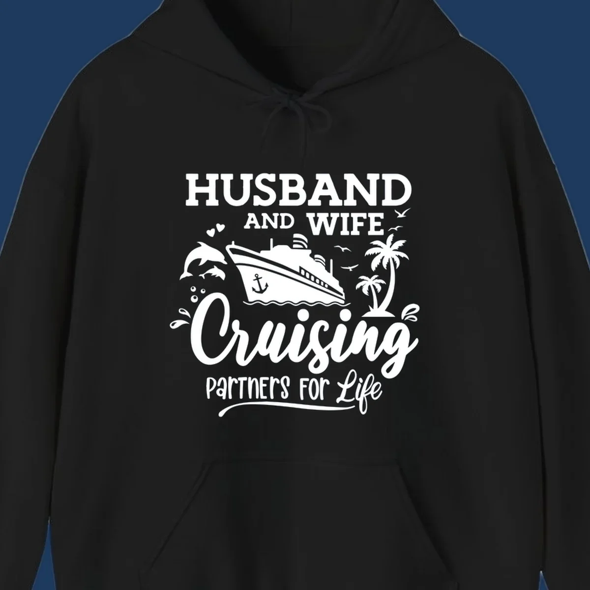 Husband and wife cruising partners for life design with cruise ship, dolphins, palm trees, and nautical elements on gray background