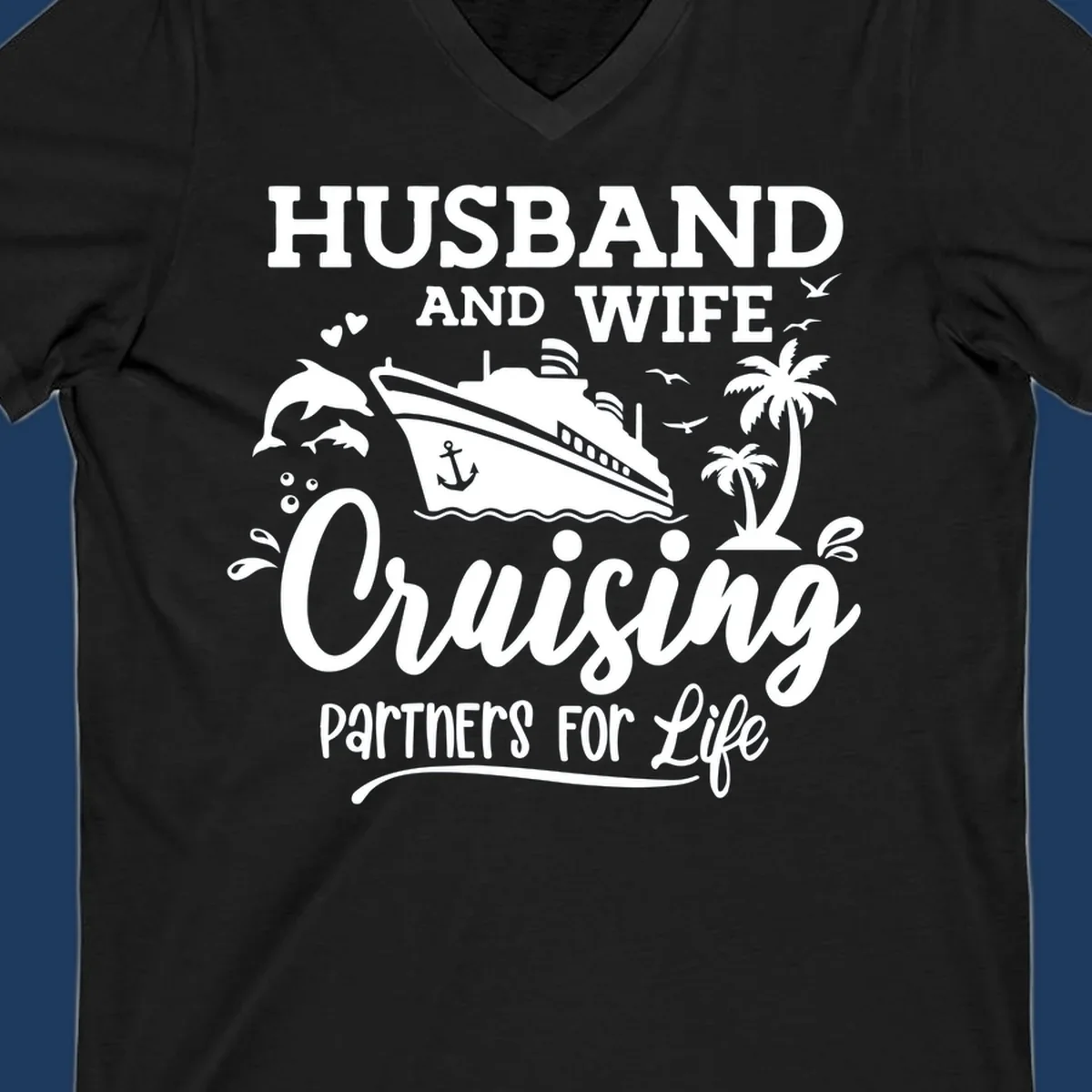 Husband and wife cruising partners for life design with cruise ship, dolphins, palm trees, and nautical elements on gray background