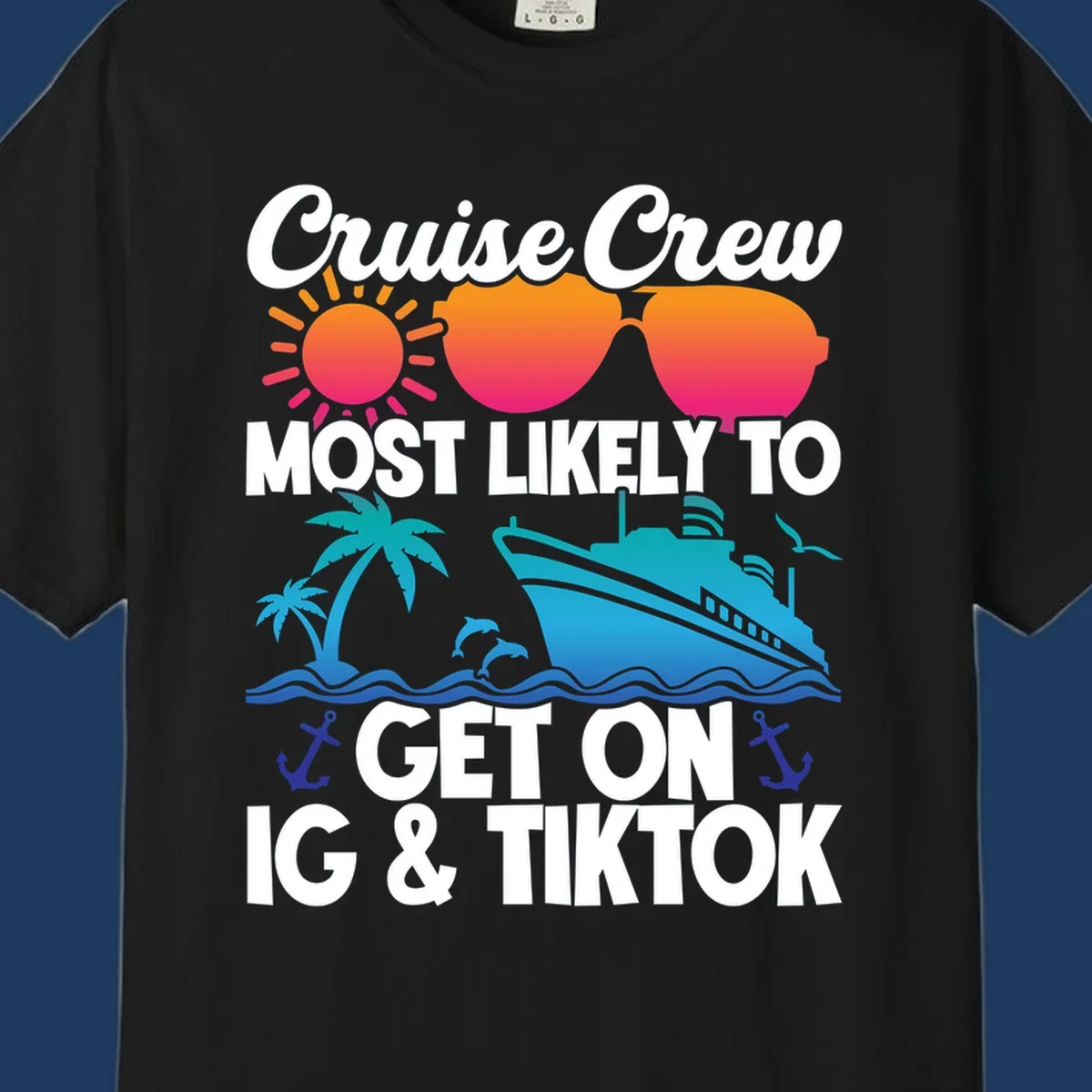 Cruise crew social media design with sun, heart sunglasses, ship, palm tree, waves and anchors on gray background