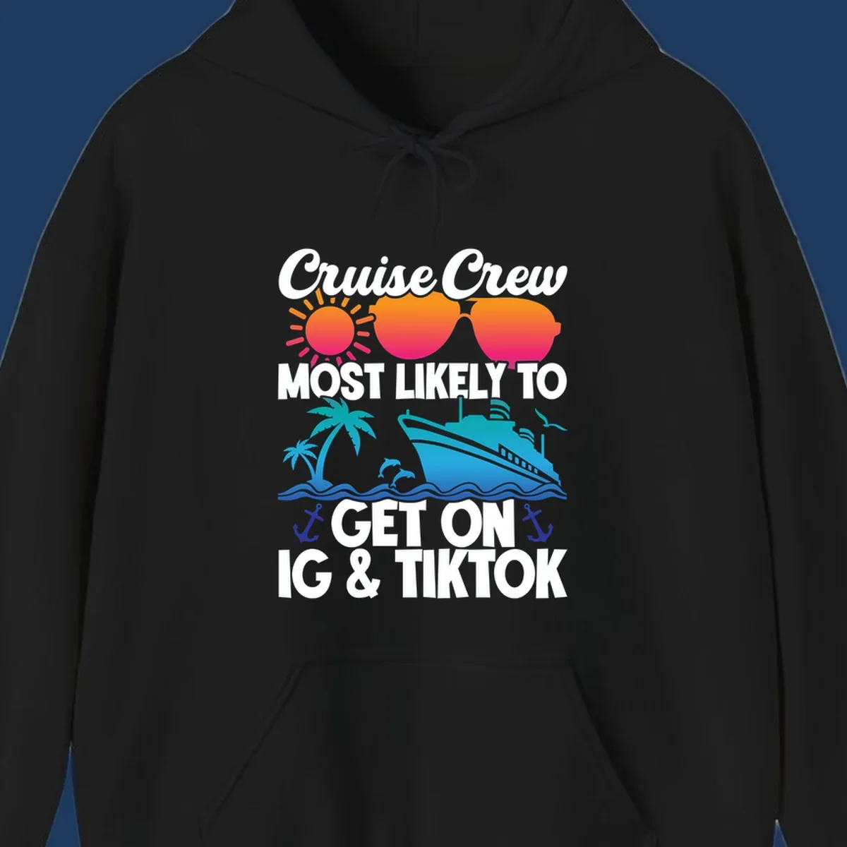 Cruise crew social media design with sun, heart sunglasses, ship, palm tree, waves and anchors on gray background