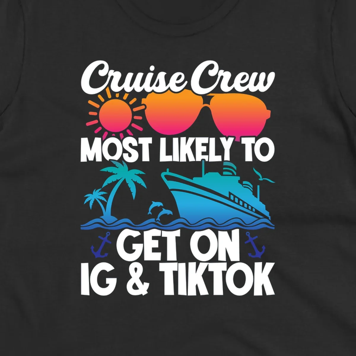 Cruise crew social media design with sun, heart sunglasses, ship, palm tree, waves and anchors on gray background