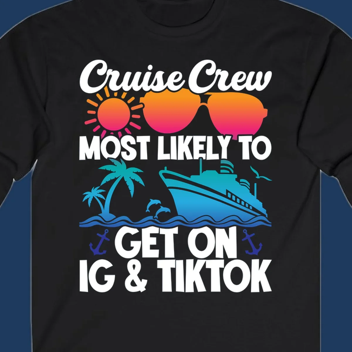 Cruise crew social media design with sun, heart sunglasses, ship, palm tree, waves and anchors on gray background
