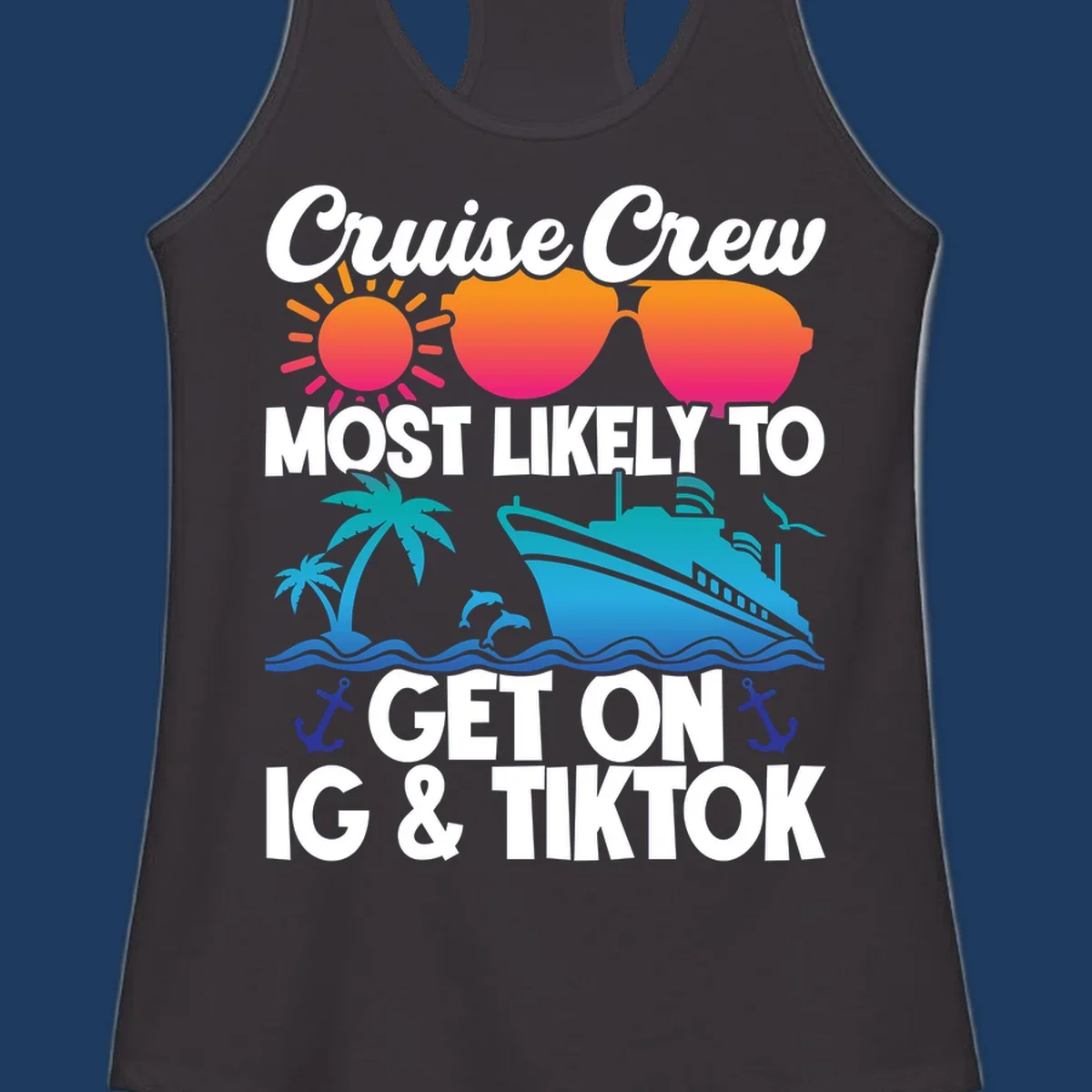 Cruise crew social media design with sun, heart sunglasses, ship, palm tree, waves and anchors on gray background