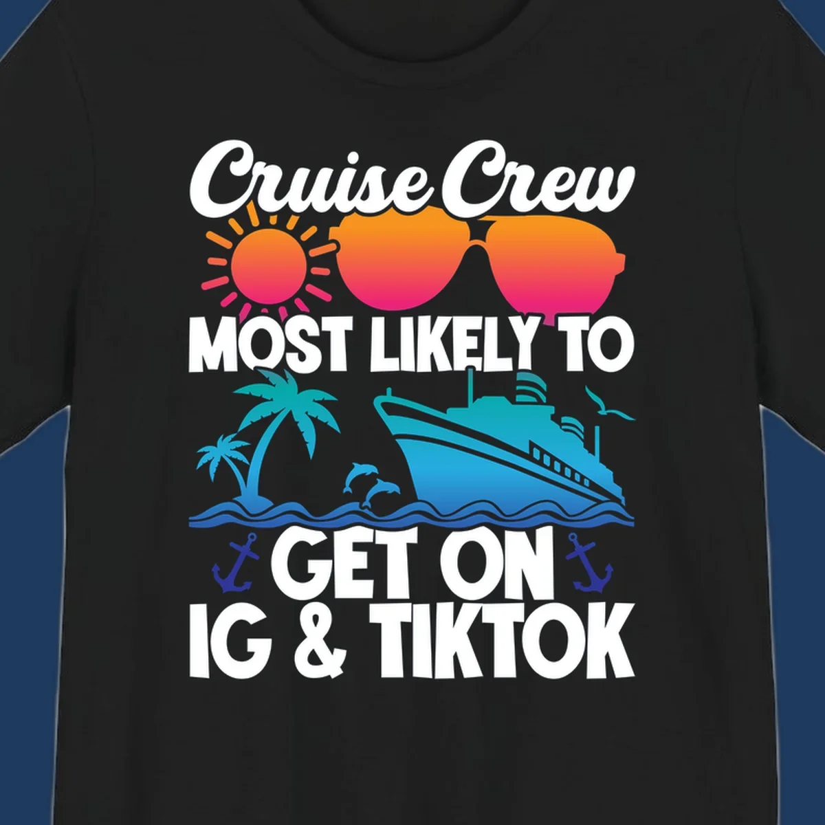 Cruise crew social media design with sun, heart sunglasses, ship, palm tree, waves and anchors on gray background