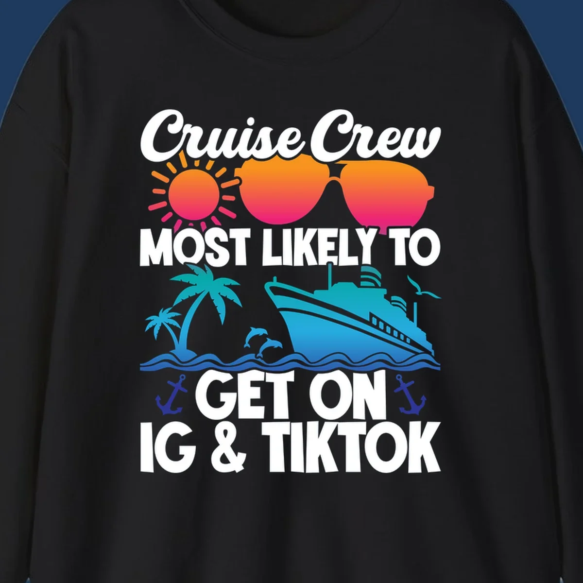 Cruise crew social media design with sun, heart sunglasses, ship, palm tree, waves and anchors on gray background