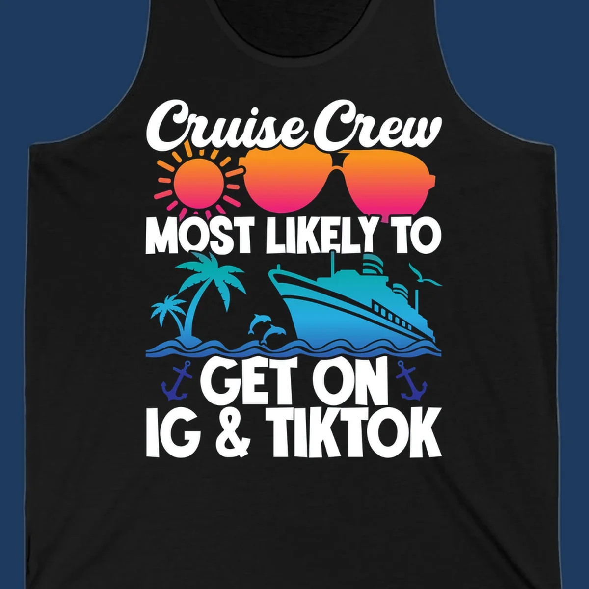Cruise crew social media design with sun, heart sunglasses, ship, palm tree, waves and anchors on gray background