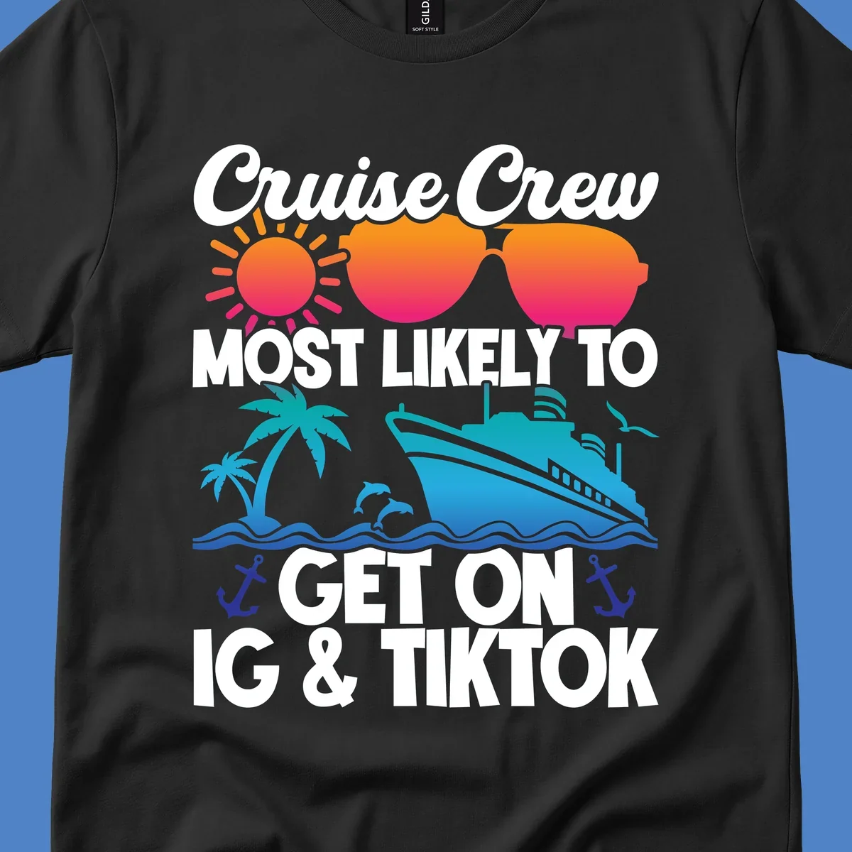 Cruise crew social media design with sun, heart sunglasses, ship, palm tree, waves and anchors on gray background