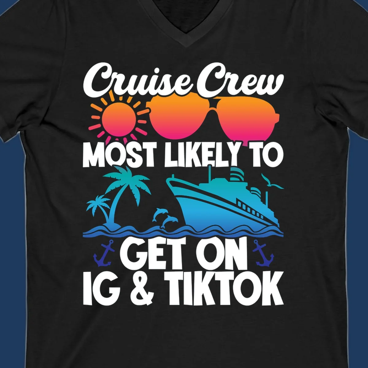 Cruise crew social media design with sun, heart sunglasses, ship, palm tree, waves and anchors on gray background