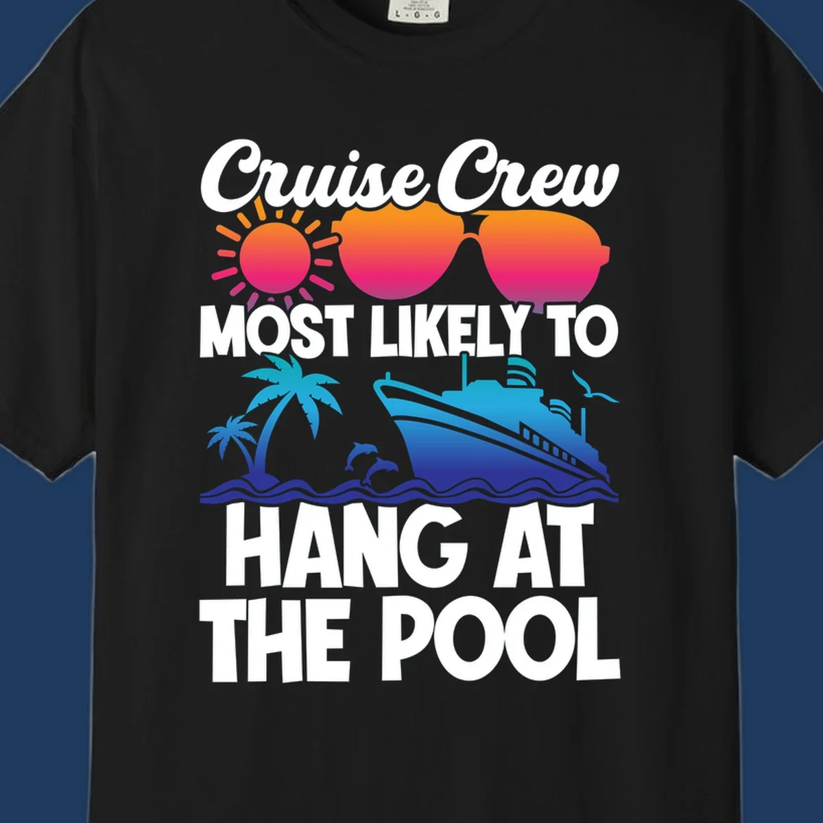 Cruise crew pool hang design with sun, heart sunglasses, palm trees, dolphins, and ship on ocean waves