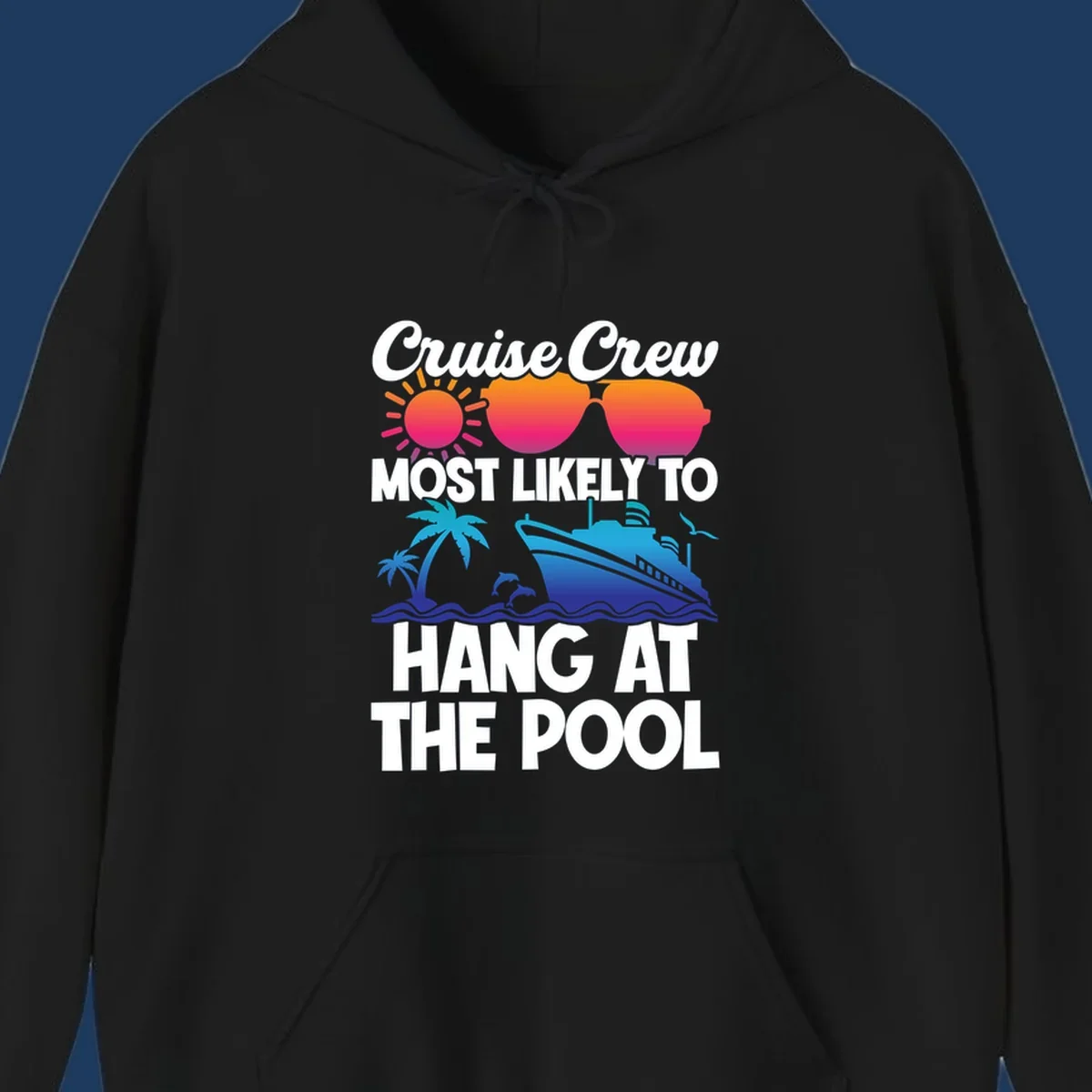 Cruise crew pool hang design with sun, heart sunglasses, palm trees, dolphins, and ship on ocean waves