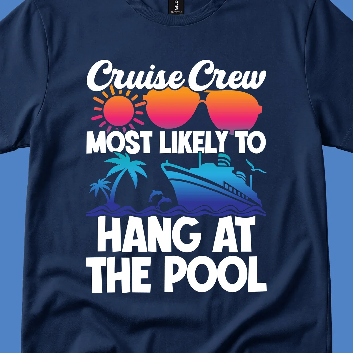 Cruise crew pool hang design with sun, heart sunglasses, palm trees, dolphins, and ship on ocean waves