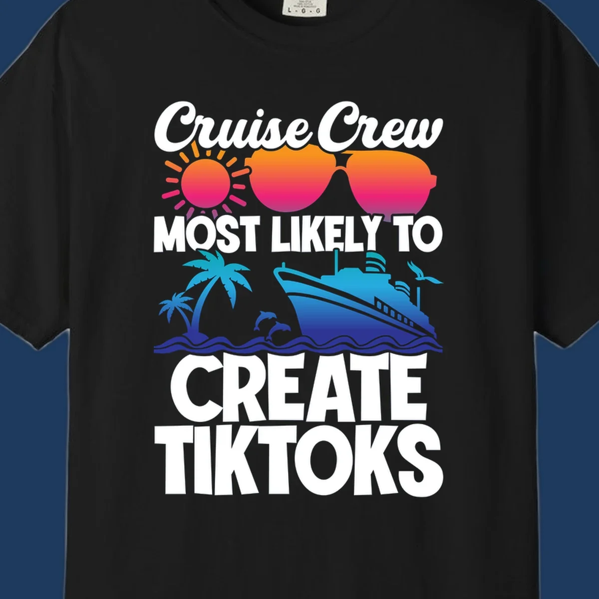 Cruise crew most likely to create tiktoks design with sunglasses, sun, palm trees, dolphins, ship, and ocean waves on gray background