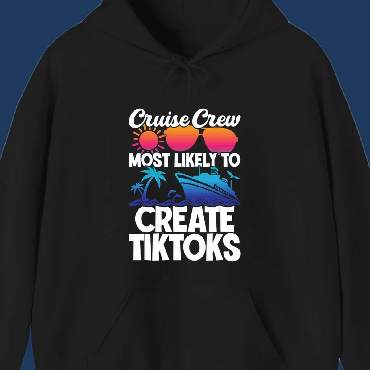 Cruise crew most likely to create tiktoks design with sunglasses, sun, palm trees, dolphins, ship, and ocean waves on gray background