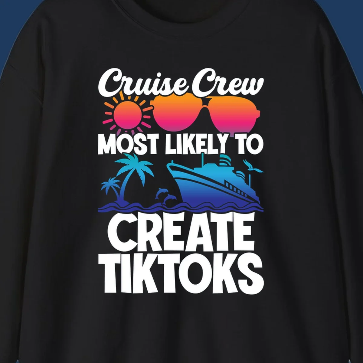 Cruise crew most likely to create tiktoks design with sunglasses, sun, palm trees, dolphins, ship, and ocean waves on gray background