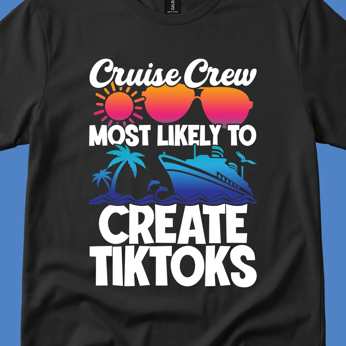 Cruise crew most likely to create tiktoks design with sunglasses, sun, palm trees, dolphins, ship, and ocean waves on gray background