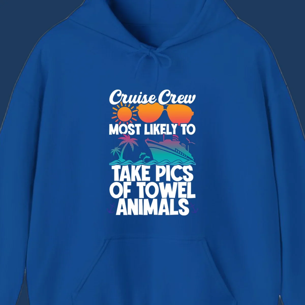 Colorful cruise-themed design with sun, sunglasses, palm tree, and ship saying Cruise Crew Most Likely To Take Pics Of Towel Animals